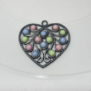 Vintage Silver Tone Heart Pendant Pastel Cabochon Openwork Filigree 1 3/4”
